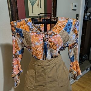 Orange And Blue Vintage Y2K Patchwork Bell Sleeve Blouse